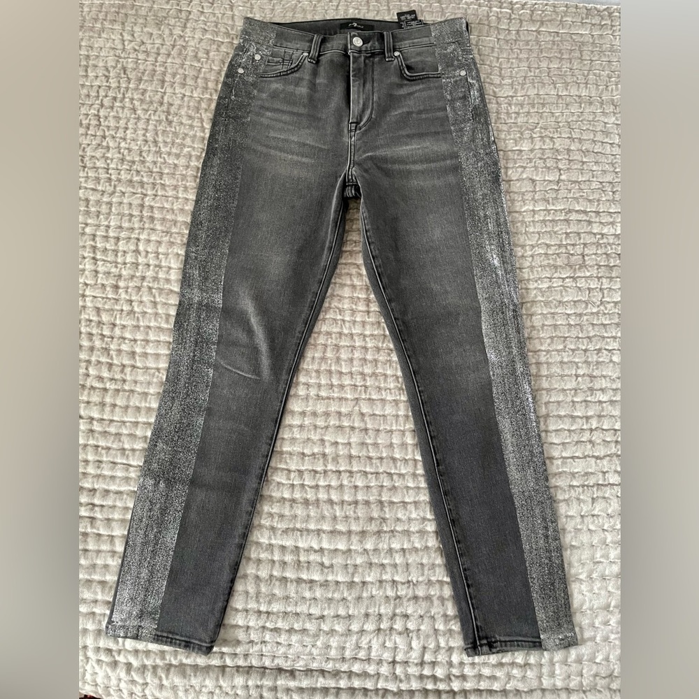 7 For All Mankind charcoal black color jeans with glittery tuxedo stripes